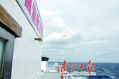 日本偵察機(紅圈所示)圍繞著我漁政310船上空盤旋。黃應來盧松江攝