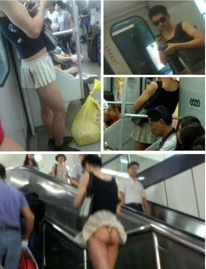 上海地鐵現露臀短裙哥 穿緊身衣小短裙很妖嬈